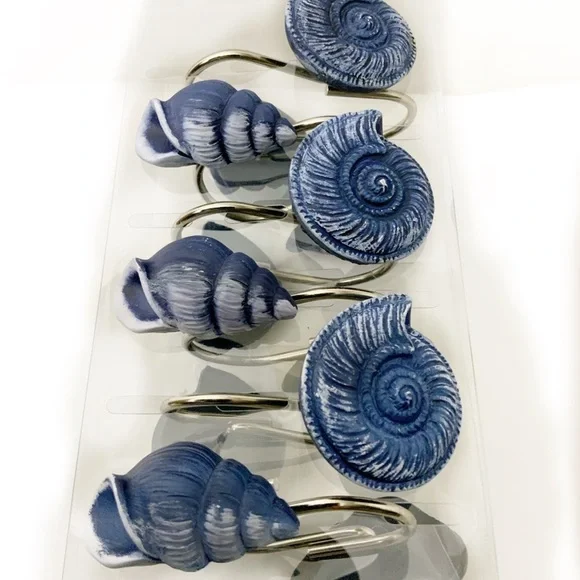 Coastal Ocean Seashell Shower Hooks Blue White Beachy Decor Set of 12 - Picture 5 of 11